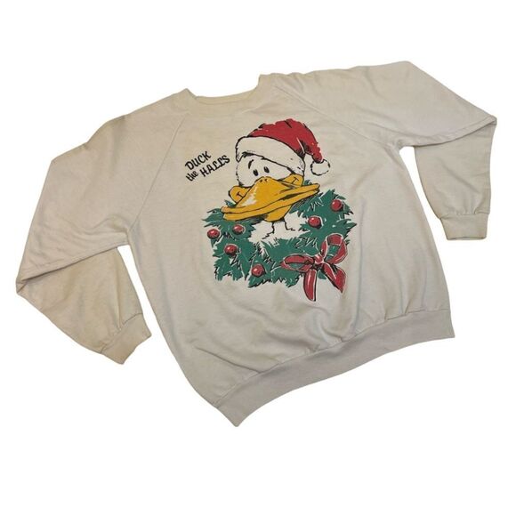 Vintage Sweaters - Vintage 1980s 1990s Punny Christmas Duck The Halls Holiday Sweatshirt